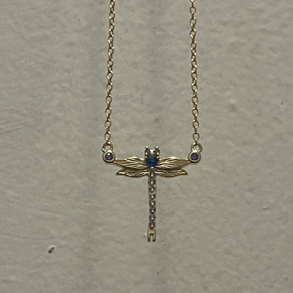 Gold Dragonfly Necklace with Blue and White Sapphire.